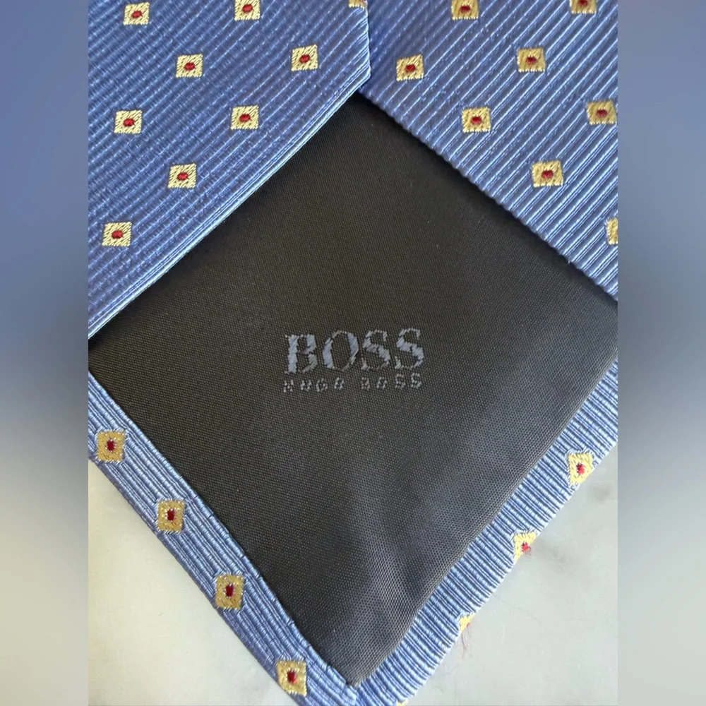 Hugo Boss Blue Tie with Gold Square Dots Silk Cotton Office Business Casual
